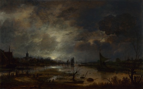 A River near a Town, by Moonlight, c. 1645. Artist: Neer, Aert, van der (1603-1677)