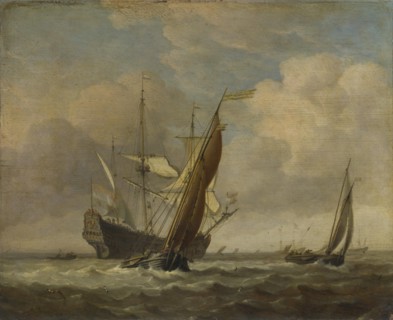 Two Small Vessels and a Dutch Man-of-War in a Breeze, c. 1660. Artist: Velde, Willem van de, the Younger (1633-1707)