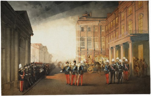 Parade in front of the Anichkov Palace on 26 February 1870, 1870. Artist: Zichy, Mihály (1827-1906)