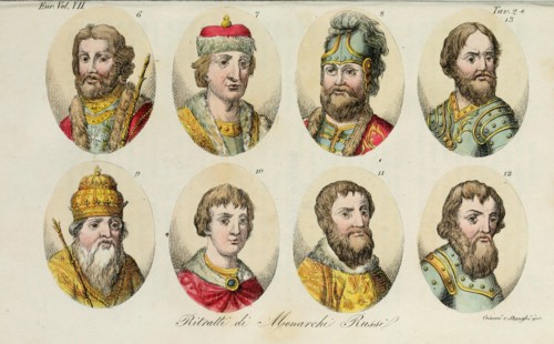 6. Yaroslav 7. Sviatoslav II 8. Sviatopolk 9. Vladimir Monomakh 10. Yuri I 11. Ivan II 12. Dmitry Donskoy 13. Ivan III, 1831. Artist: Giarrè, Luigi (1772-1844)