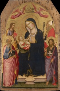 Madonna and Child with Saints John the Evangelist, John the Baptist, James of Compostela and Nicholas of Bari, ca 1390. Artist: Gaddi, Agnolo (1350-1396)