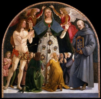 Madonna of Mercy and Saints Sebastian and Bernardino da Siena, c. 1490. Artist: Signorelli, Luca (ca 1441-1523)