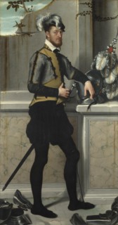 A Knight with his Jousting Helmet (Il Cavaliere dal Piede Ferito, Conte Faustino Avogadro (?), ca 1554. Artist: Moroni, Giovan Battista (1520/25-1578)