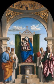 Enthroned Madonna with Child and Saints Peter, Romuald, Benedict and Paul, ca 1595. Artist: Cima da Conegliano, Giovanni Battista (ca. 1459-1517)