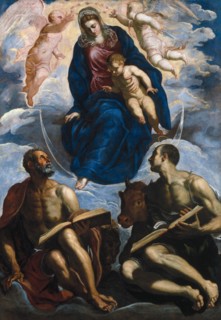 Mary with the Child, Venerated by Saint Mark and Saint Luke, before 1570. Artist: Tintoretto, Jacopo (1518-1594)