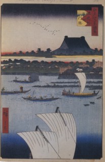 Teppozu and Tsukiji Monzeki Temple (One Hundred Famous Views of Edo), 1856-1858. Artist: Hiroshige, Utagawa (1797-1858)