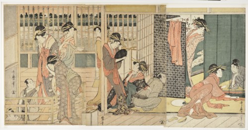 Morning Parting at the Temporary Lodgings of the Pleasure Quarter, 1801. Artist: Utamaro, Kitagawa (1753-1806)