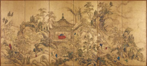 Roukaku Sansui Zu (Landscape with tower) Left of a pair of six-section folding screens, c. 1750. Artist: Ike no Taiga (1723-1776)