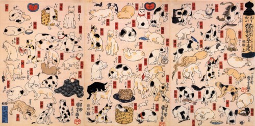 Cats. From the Series Fifty-three Stations of the Tokaido (Triptych), ca 1848. Artist: Kuniyoshi, Utagawa (1797-1861)
