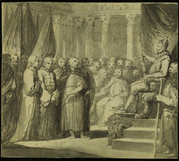 Tsar Vasili IV Ivanovich Shuisky before the King Sigismund III Vasa, Late 18th cent.. Artist: Smuglewicz, Franciszek (1745-1807)