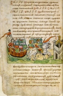 Oleg of Novgorod's campaign against Constantinople (from the Radziwill Chronicle), 15th century. Artist: Anonymous