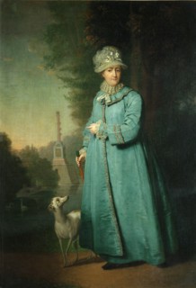 Catherine II strolling in the park at Tsarskoye Selo with the Chesme Column in the background, 1794. Artist: Borovikovsky, Vladimir Lukich (1757-1825)