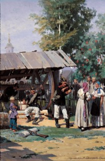 Russian Soldiers in a Country Village, 1877. Artist: Dmitriev-Orenburgsky, Nikolai Dmitrievich (1837-1898)