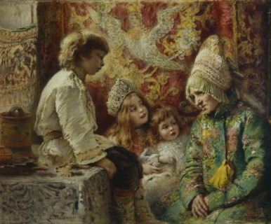 Grandma with Kids (Grandmother's Fairy Tale), 1882. Artist: Makovsky, Konstantin Yegorovich (1839-1915)