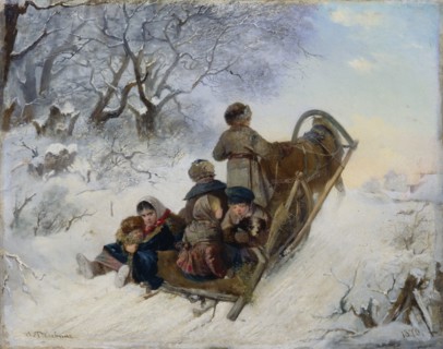 Children on a horse drawn sleigh, 1870. Artist: Pelevin, Ivan Andreyevich (1840-1917)