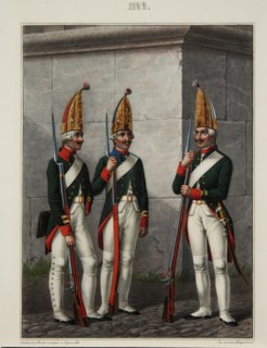 Grenadiers of the Preobrazhensky, Semenovsky and Izmailovsky Regiment in 1796-1797, 1840s. Artist: Petrovsky, Alexey Gavrilovich (1817-?)
