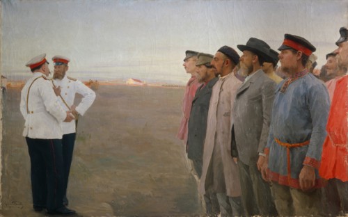 The recruitment, 1904. Artist: Popov, Lukian Vasilyevich (1873-1914)