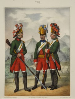 Grenadiers of the Preobrazhensky, Semenovsky and Izmailovsky Regiment in 1763-1775, Early 1840s. Artist: Razumikhin, Pyotr Ivanovich (1812-1848)