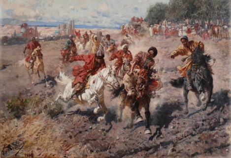 Cherkess Celebrating the end of Muharram with the Equestrian Sport of the Dash for the Prize Lamb, 1889. Artist: Roubaud, Franz (1856-1928)