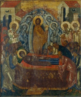 The Dormition of the Virgin, Early 15th cen.. Artist: Russian icon
