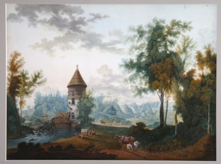 Mill and Pil Tower in Pavlovsk park, before 1797. Artist: Shchedrin, Semyon Fyodorovich (1745-1804)