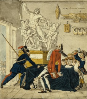 Napoleon Bonaparte selling Stolen Goods, 1813. Artist: Terebenev, Ivan Ivanovich (1780-1815)