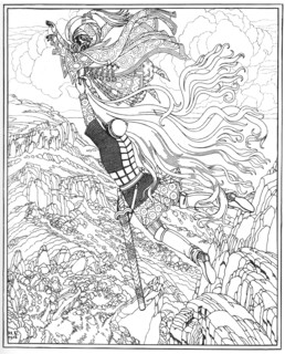 Flight of Chernomor and Ruslan. Illustration to the poem Ruslan and Lyudmila by A. Pushkin, 1918. Artist: Bilibin, Ivan Yakovlevich (1876-1942)