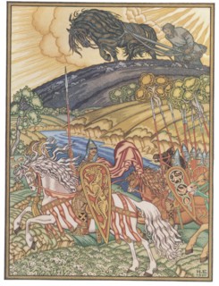 Volga Svyatoslavich and Mikula Selyaninovich, 1940. Artist: Bilibin, Ivan Yakovlevich (1876-1942)