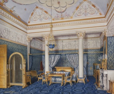 Interiors of the Winter Palace. The Bedchamber of Empress Alexandra Fyodorovna, 1870. Artist: Hau, Eduard (1807-1887)