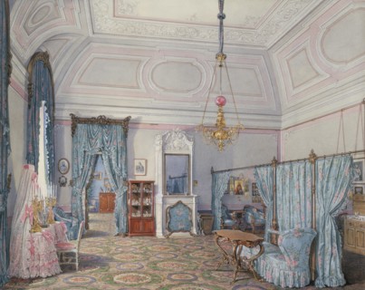 Interiors of the Winter Palace. The Fifth Reserved Apartment. The Bedroom of Grand Princess Maria Alexandrovna, 1873. Artist: Hau, Eduard (1807-1887)
