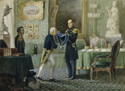 Emperor Nicholas I awards the blue riband of the Order of St. Andrew to Count Michail Speransky, 1880. Artist: Kivshenko, Alexei Danilovich (1851-1895)