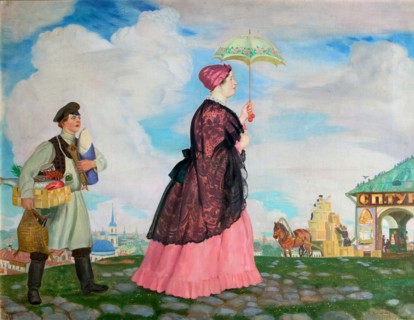 Merchant's woman with purchases, 1920. Artist: Kustodiev, Boris Michaylovich (1878-1927)