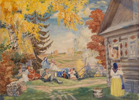 Stage design for the theatre play Peasant Women by Alexander Neverov, 1920. Artist: Kustodiev, Boris Michaylovich (1878-1927)