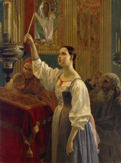 A girl placed a candle before the icon, 1842. Artist: Mikhaylov, Grigori Karpovich (1814-1867)