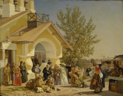 Coming out of a Church in Pskov, 1864. Artist: Morozov, Alexander Ivanovich (1835-1904)