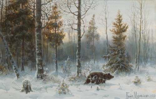 Winter Landscape with bear, 1907. Artist: Muravyov, Count Vladimir Leonidovich (1861-1940)