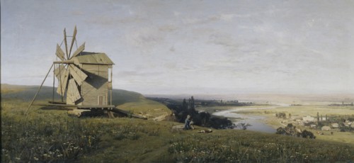 Ukrainian landscape with windmill, 1882. Artist: Orlovsky, Vladimir Donatovich (1842-1914)