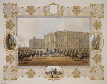 Review of the Horse-Guardsmen Regiment in Front of the Winter Palace, 1850s. Artist: Sadovnikov, Vasily Semyonovich (1800-1879)