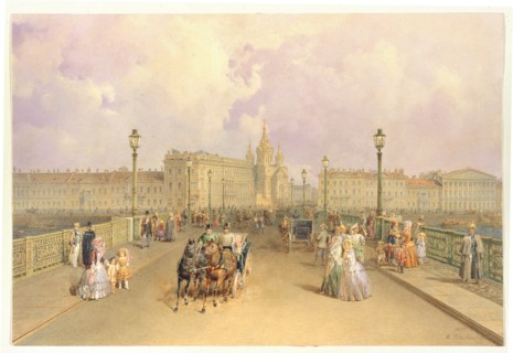 View of the Blagoveshchensky Bridge in Saint Petersburg, 1851. Artist: Sadovnikov, Vasily Semyonovich (1800-1879)