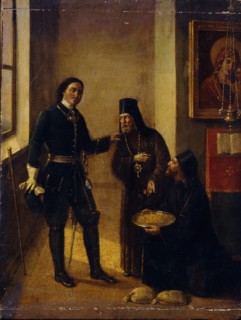 Bishop Mitrophan of Voronezh donating to Peter I for the Azov fleet construction on 1696, 1857. Artist: Terebenev, Mikhail Ivanovich (1795-1864)