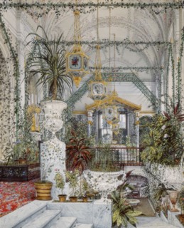 Interiors of the Winter Palace. The Winter Garden of Empress Alexandra Fyodorovna, 1860s. Artist: Ukhtomsky, Konstantin Andreyevich (1818-1881)