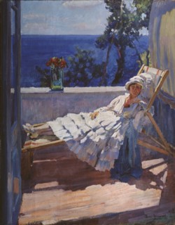 A lady on the balcony, 1916. Artist: Vinogradov, Sergei Arsenyevich (1869-1938)