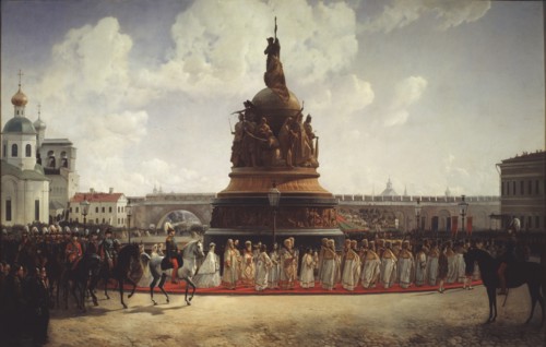 The Consecration of the Monument  to the Millennium of Russia in Novgorod on 1862, 1864. Artist: Willewalde, Gottfried (Bogdan Pavlovich) (1818-1903)