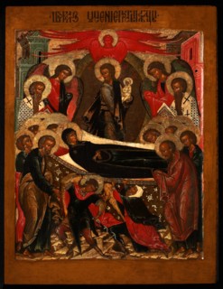 The Dormition of the Virgin, 1640s. Artist: Russian icon