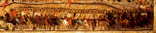 Blessed Be the Host of the King of Heaven  (Detail: lower warriors range conducted by Alexander Nevsky and Saint George), 1550s. Artist: Athanasius, Metropolitan of Moscow (active Mid of 16th cen.)