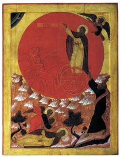 The Prophet Elijah and the Fiery Chariot, 1570s. Artist: Russian icon