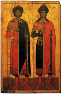 Saints Boris and Gleb, Mid of the 14th cen.. Artist: Russian icon