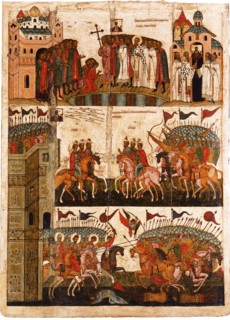 Battle between the Novgorodians and Suzdalians, Mid of the 15th cen.. Artist: Russian icon