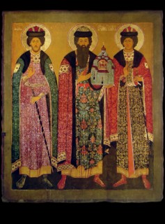 Saint Vsevolod Mstislavich, Prince of Pskov with Saints Boris and Gleb, Early 17th cen.. Artist: Russian icon