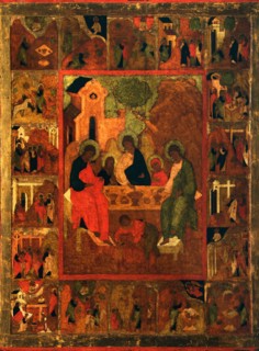 The Hospitality of Abraham (Old Testament Trinity), End of 16th cen.. Artist: Russian icon